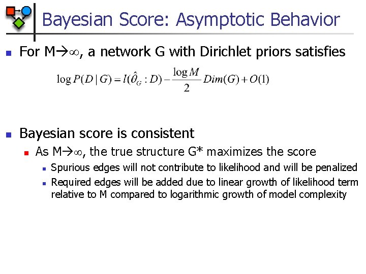 Bayesian Score: Asymptotic Behavior n For M , a network G with Dirichlet priors