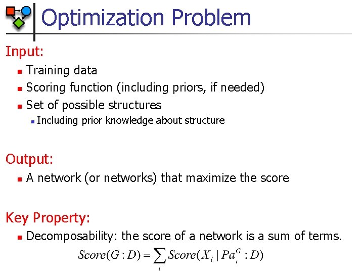 Optimization Problem Input: n n n Training data Scoring function (including priors, if needed)