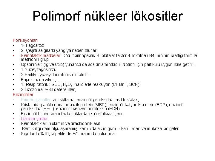 Polimorf nükleer lökositler Fonksiyonları: • 1 - Fagositoz • 2 - Çeşitli salgılarla yangıya