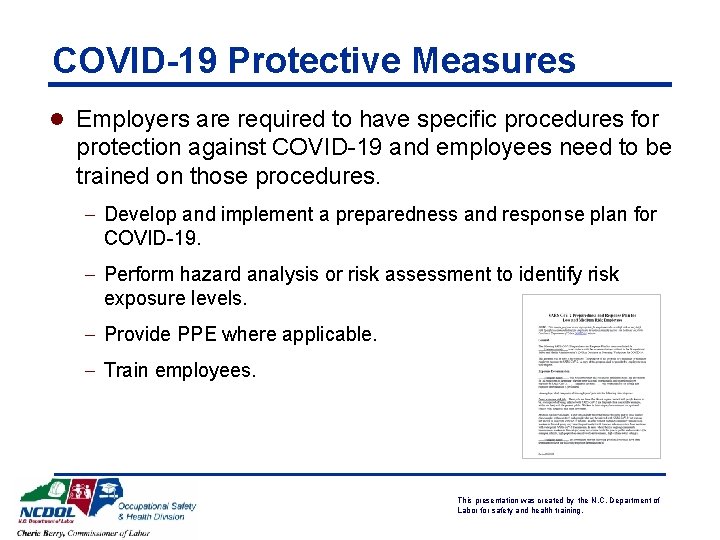 COVID-19 Protective Measures l Employers are required to have specific procedures for protection against