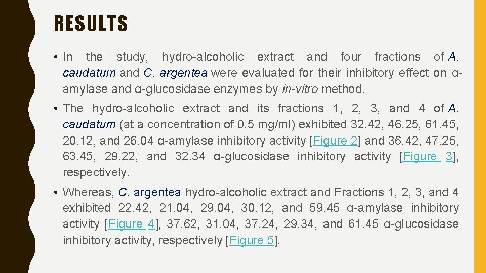 RESULTS • In the study, hydro-alcoholic extract and four fractions of A. caudatum and
