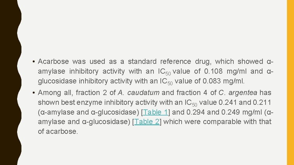  • Acarbose was used as a standard reference drug, which showed αamylase inhibitory