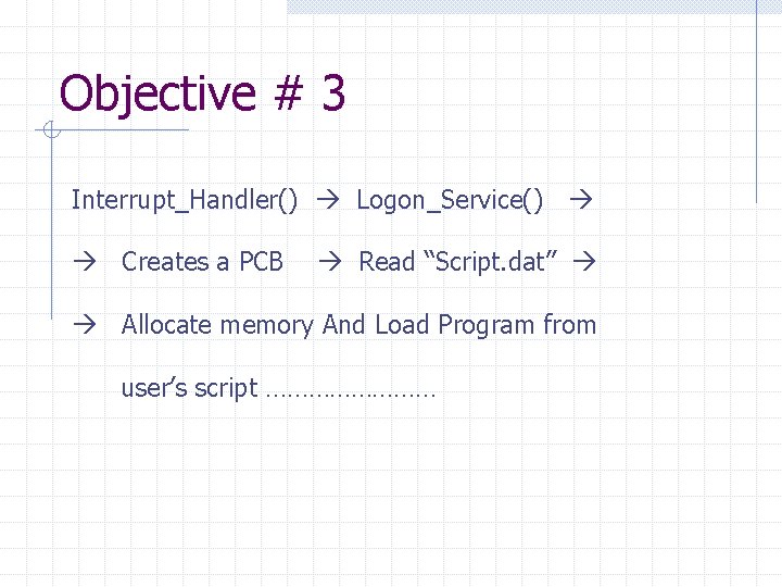 Objective # 3 Interrupt_Handler() Logon_Service() Creates a PCB Read “Script. dat” Allocate memory And