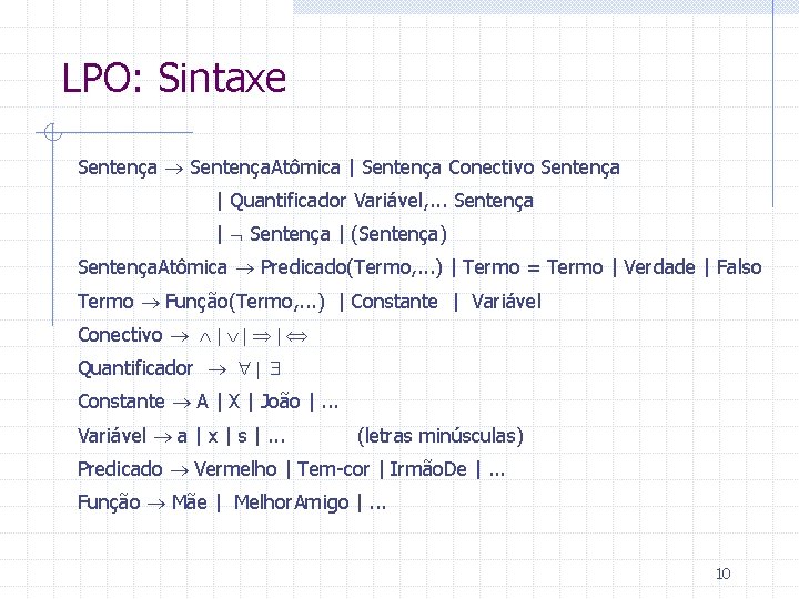 LPO: Sintaxe Sentença ® Sentença. Atômica | Sentença Conectivo Sentença | Quantificador Variável, .