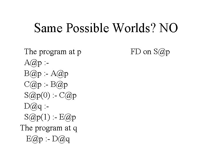 Same Possible Worlds? NO The program at p A@p : B@p : - A@p