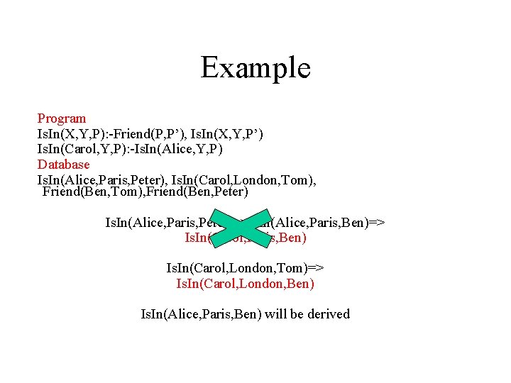 Example Program Is. In(X, Y, P): -Friend(P, P’), Is. In(X, Y, P’) Is. In(Carol,