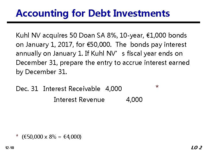 Accounting for Debt Investments Kuhl NV acquires 50 Doan SA 8%, 10 -year, €