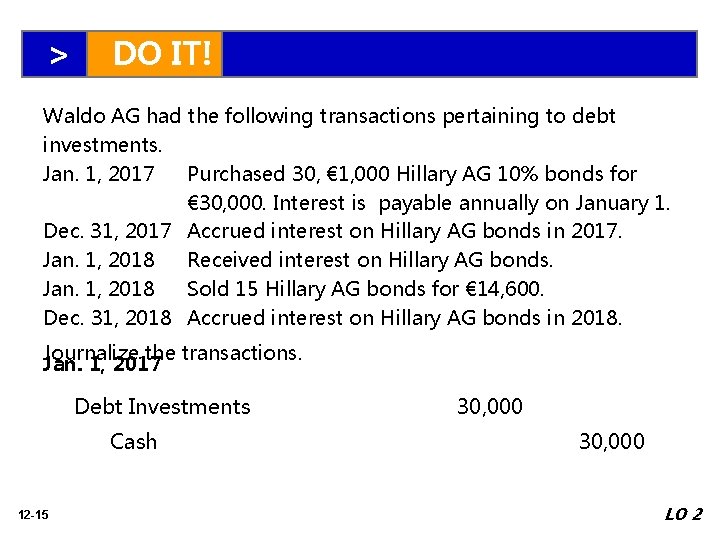 > DO IT! Waldo AG had the following transactions pertaining to debt investments. Jan.