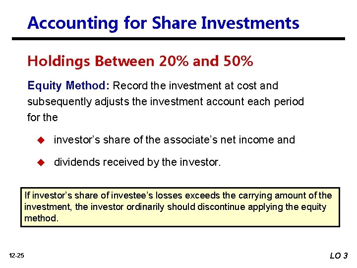 Accounting for Share Investments Holdings Between 20% and 50% Equity Method: Record the investment