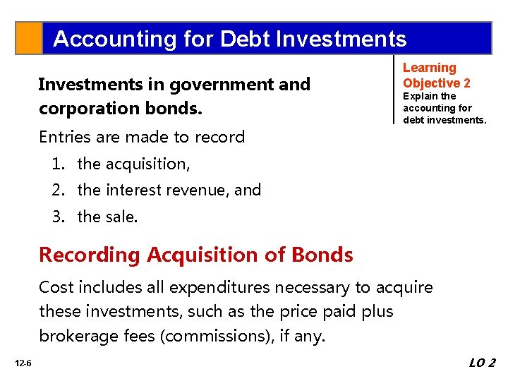 Accounting for Debt Investments in government and corporation bonds. Entries are made to record