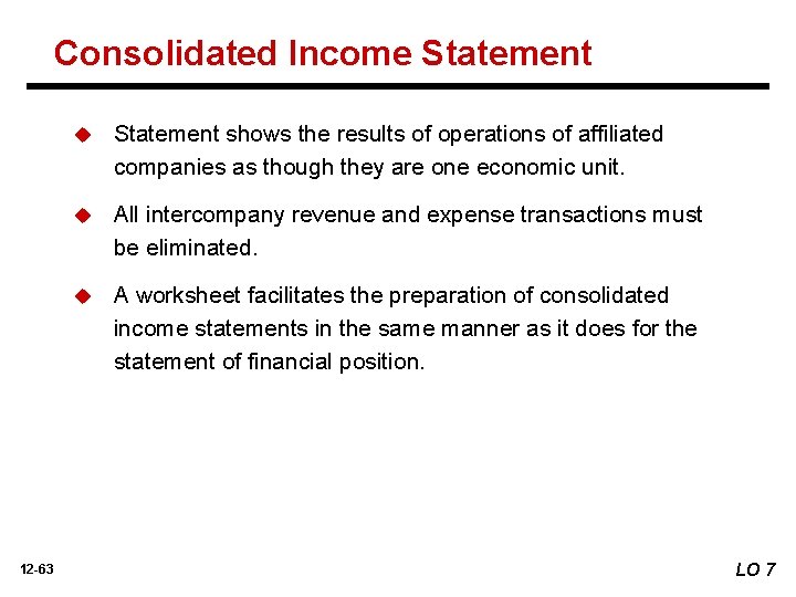 Consolidated Income Statement 12 -63 u Statement shows the results of operations of affiliated