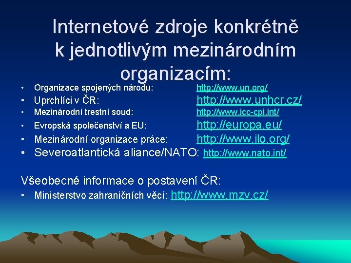  • Internetové zdroje konkrétně k jednotlivým mezinárodním organizacím: Organizace spojených národů: http: //www.