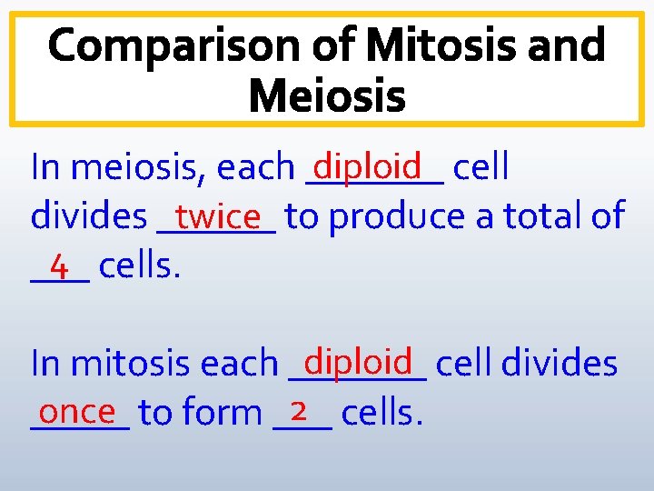 diploid cell In meiosis, each _______ divides ______ twice to produce a total of