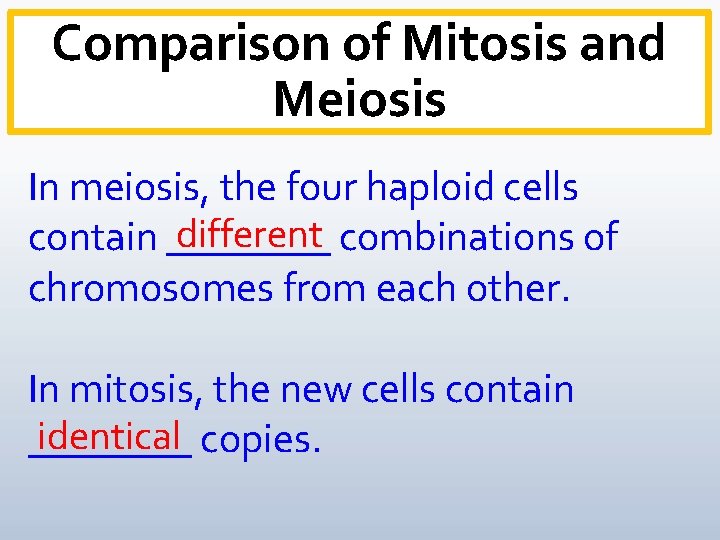 Comparison of Mitosis and Meiosis In meiosis, the four haploid cells different combinations of