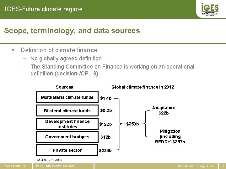 IGES-Future climate regime Scope, terminology, and data sources • Definition of climate finance –