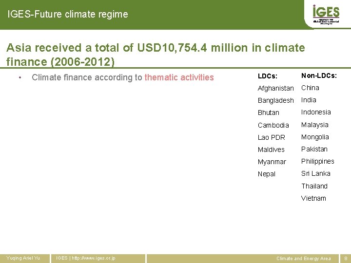 IGES-Future climate regime Asia received a total of USD 10, 754. 4 million in