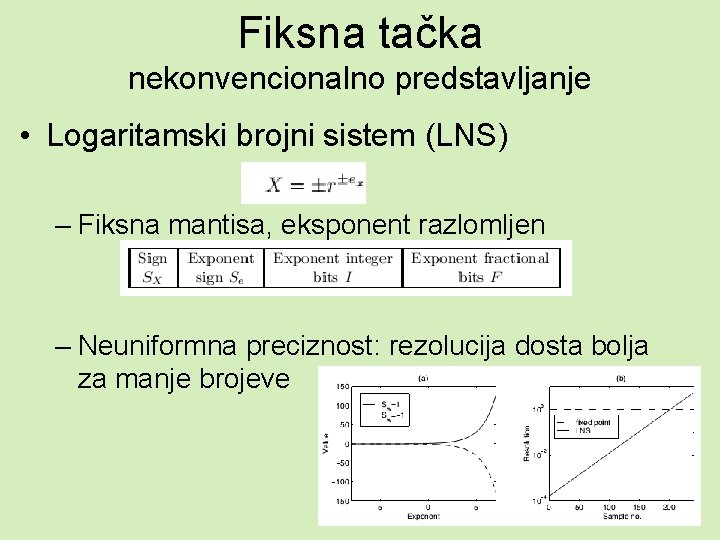 Fiksna tačka nekonvencionalno predstavljanje • Logaritamski brojni sistem (LNS) – Fiksna mantisa, eksponent razlomljen