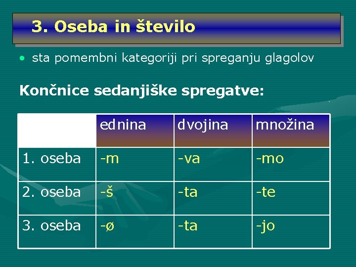 3. Oseba in število • sta pomembni kategoriji pri spreganju glagolov Končnice sedanjiške spregatve: