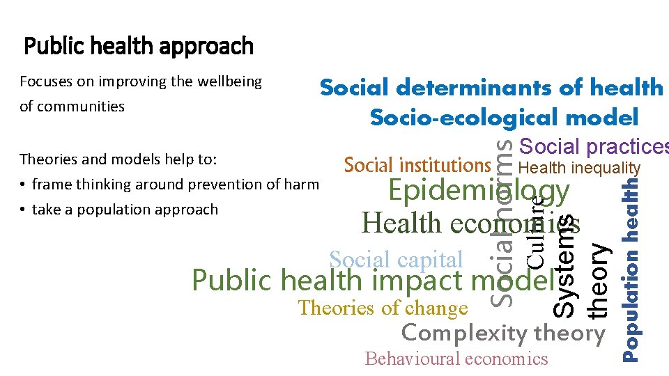 Public health approach Social determinants of health Socio-ecological model Health inequality Epidemiology Social capital