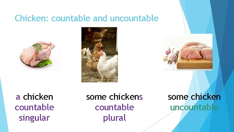 Chicken: countable and uncountable a chicken countable singular some chickens countable plural some chicken