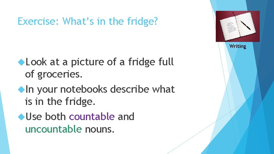 Exercise: What’s in the fridge? Writing Look at a picture of a fridge full