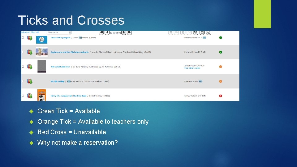 Ticks and Crosses Green Tick = Available Orange Tick = Available to teachers only