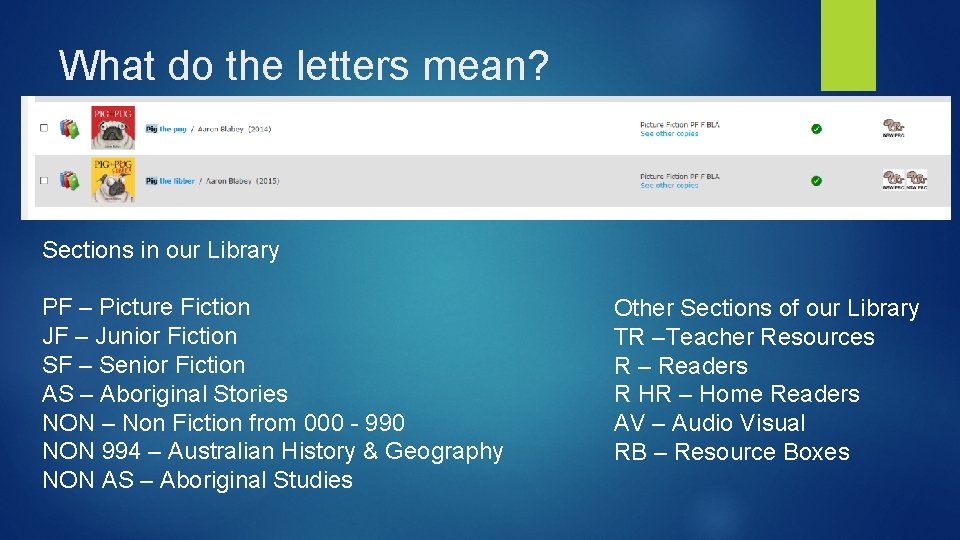 What do the letters mean? Sections in our Library PF – Picture Fiction JF