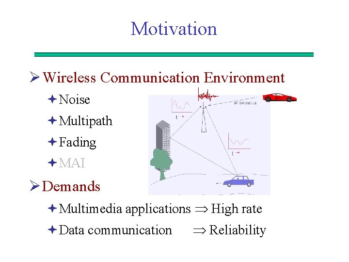 Motivation Ø Wireless Communication Environment ªNoise ªMultipath ªFading ªMAI Ø Demands ªMultimedia applications High