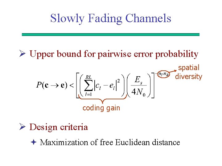 Slowly Fading Channels Ø Upper bound for pairwise error probability spatial diversity coding gain