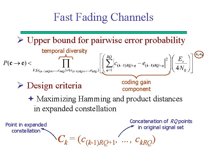 Fast Fading Channels Ø Upper bound for pairwise error probability temporal diversity Ø Design
