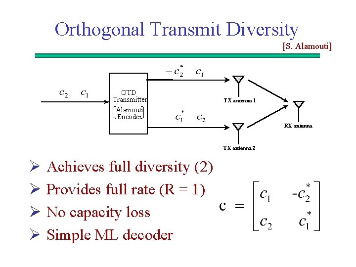 Orthogonal Transmit Diversity [S. Alamouti] OTD Transmitter Alamouti Encoder TX antenna 1 RX antenna