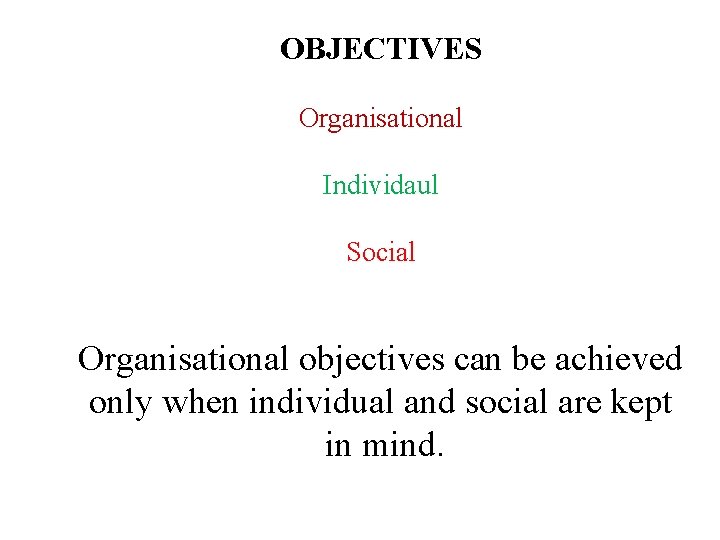 OBJECTIVES Organisational Individaul Social Organisational objectives can be achieved only when individual and social