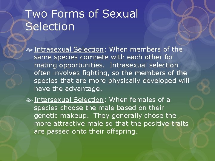 Two Forms of Sexual Selection Intrasexual Selection: When members of the same species compete