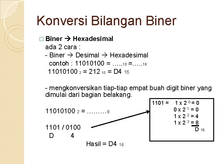 Konversi Bilangan Biner � Biner Hexadesimal ada 2 cara : - Biner Desimal Hexadesimal