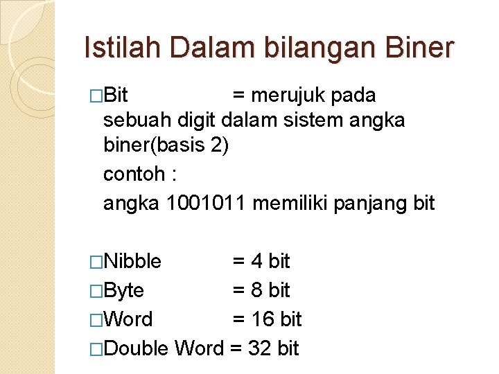 Istilah Dalam bilangan Biner �Bit = merujuk pada sebuah digit dalam sistem angka biner(basis