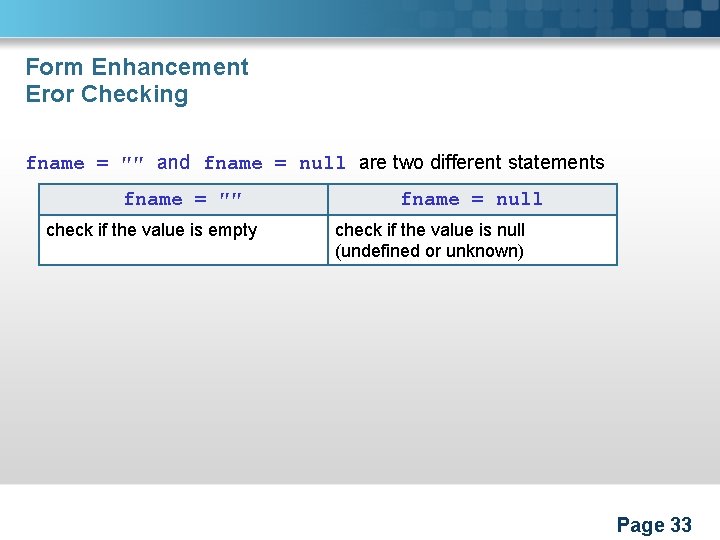 Form Enhancement Eror Checking fname = ″″ and fname = null are two different