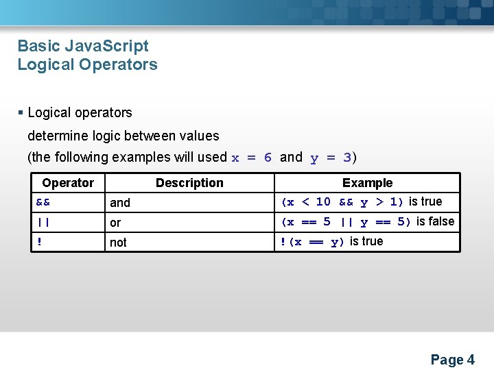 Basic Java. Script Logical Operators § Logical operators determine logic between values (the following