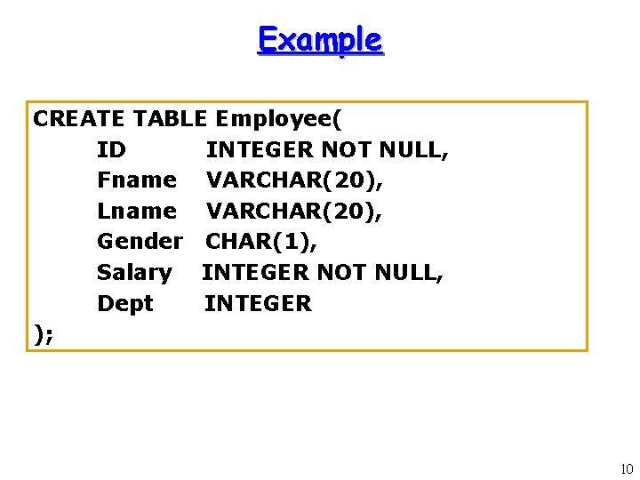 Example CREATE TABLE Employee( ID INTEGER NOT NULL, Fname VARCHAR(20), Lname VARCHAR(20), Gender CHAR(1), Example CREATE TABLE Employee( ID INTEGER NOT NULL, Fname VARCHAR(20), Lname VARCHAR(20), Gender CHAR(1),