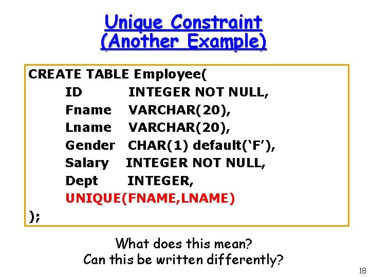 Unique Constraint (Another Example) CREATE TABLE Employee( ID INTEGER NOT NULL, Fname VARCHAR(20), Lname Unique Constraint (Another Example) CREATE TABLE Employee( ID INTEGER NOT NULL, Fname VARCHAR(20), Lname