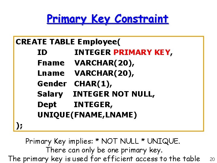 Primary Key Constraint CREATE TABLE Employee( ID INTEGER PRIMARY KEY, Fname VARCHAR(20), Lname VARCHAR(20), Primary Key Constraint CREATE TABLE Employee( ID INTEGER PRIMARY KEY, Fname VARCHAR(20), Lname VARCHAR(20),