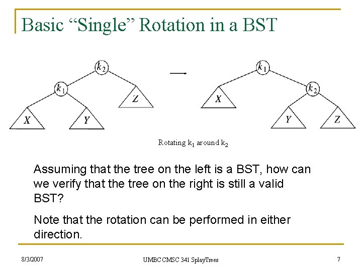 Basic “Single” Rotation in a BST Rotating k 1 around k 2 Assuming that