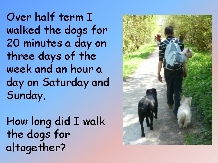Over half term I walked the dogs for 20 minutes a day on three Over half term I walked the dogs for 20 minutes a day on three