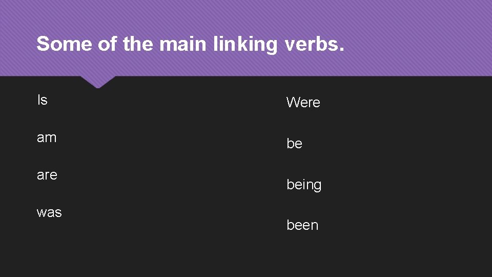 Some of the main linking verbs. Is Were am be are was being been