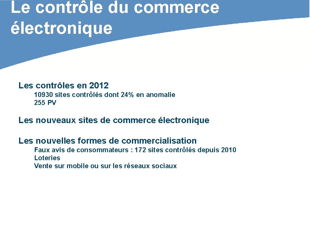 Le contrôle du commerce électronique Les contrôles en 2012 10930 sites contrôlés dont 24%