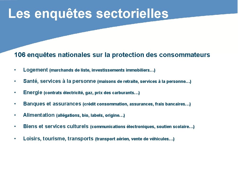 Les enquêtes sectorielles 106 enquêtes nationales sur la protection des consommateurs • Logement (marchands