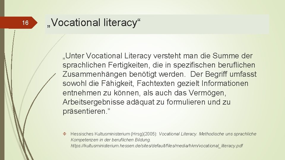 16 „Vocational literacy“ „Unter Vocational Literacy versteht man die Summe der sprachlichen Fertigkeiten, die