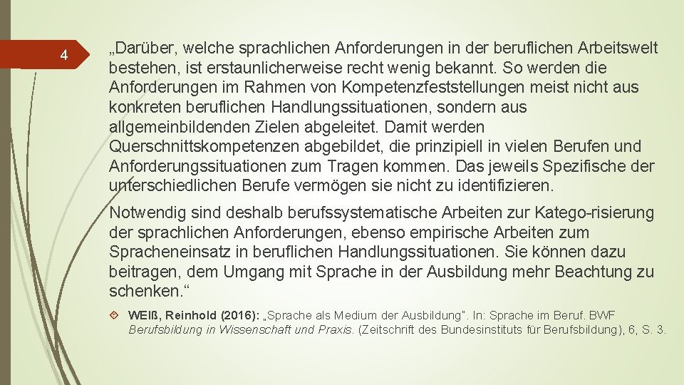 4 „Darüber, welche sprachlichen Anforderungen in der beruflichen Arbeitswelt bestehen, ist erstaunlicherweise recht wenig