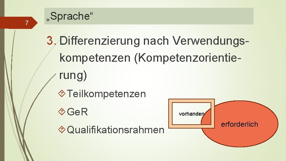 7 „Sprache“ 3. Differenzierung nach Verwendungskompetenzen (Kompetenzorientierung) Teilkompetenzen Ge. R Qualifikationsrahmen vorhanden erforderlich 