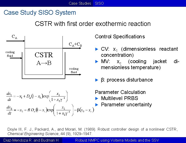 Case Studies SISO Case Study SISO System CSTR with first order exothermic reaction Control