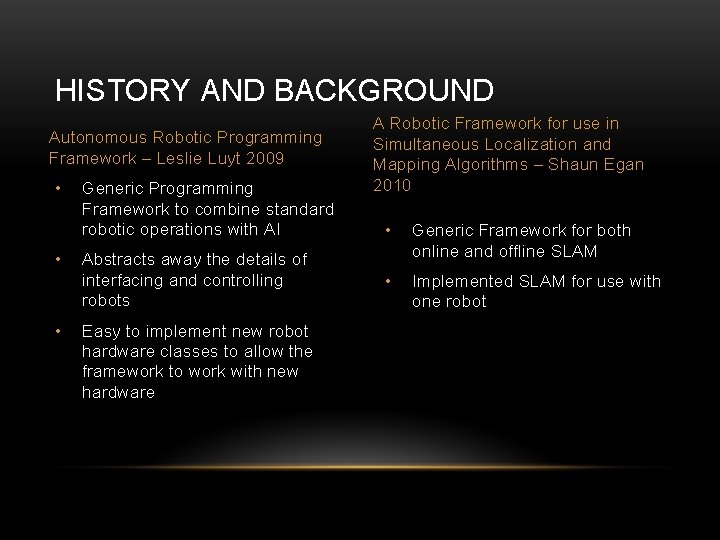 HISTORY AND BACKGROUND Autonomous Robotic Programming Framework – Leslie Luyt 2009 • • •